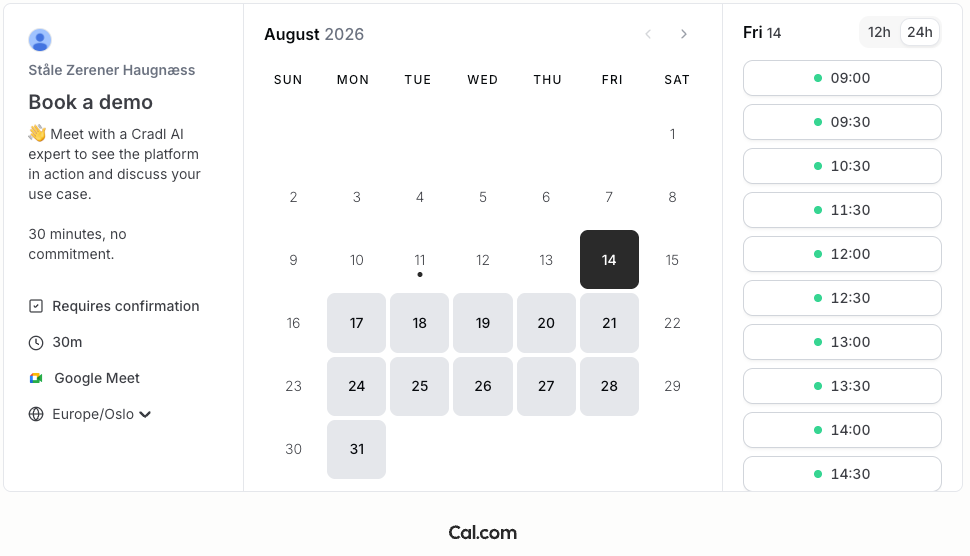 Cradl AI demo booking calendar