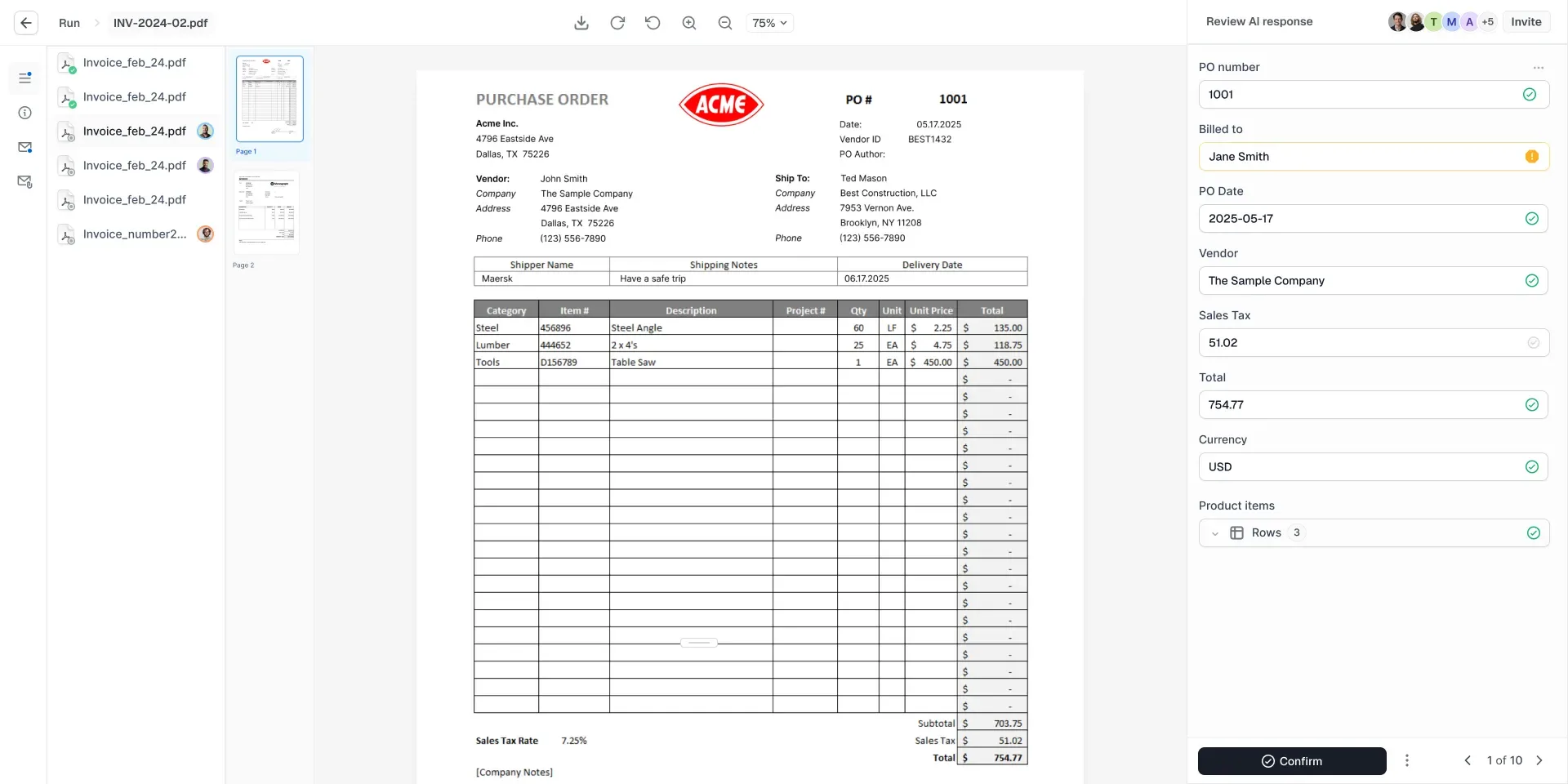 Cradl AI document review interface