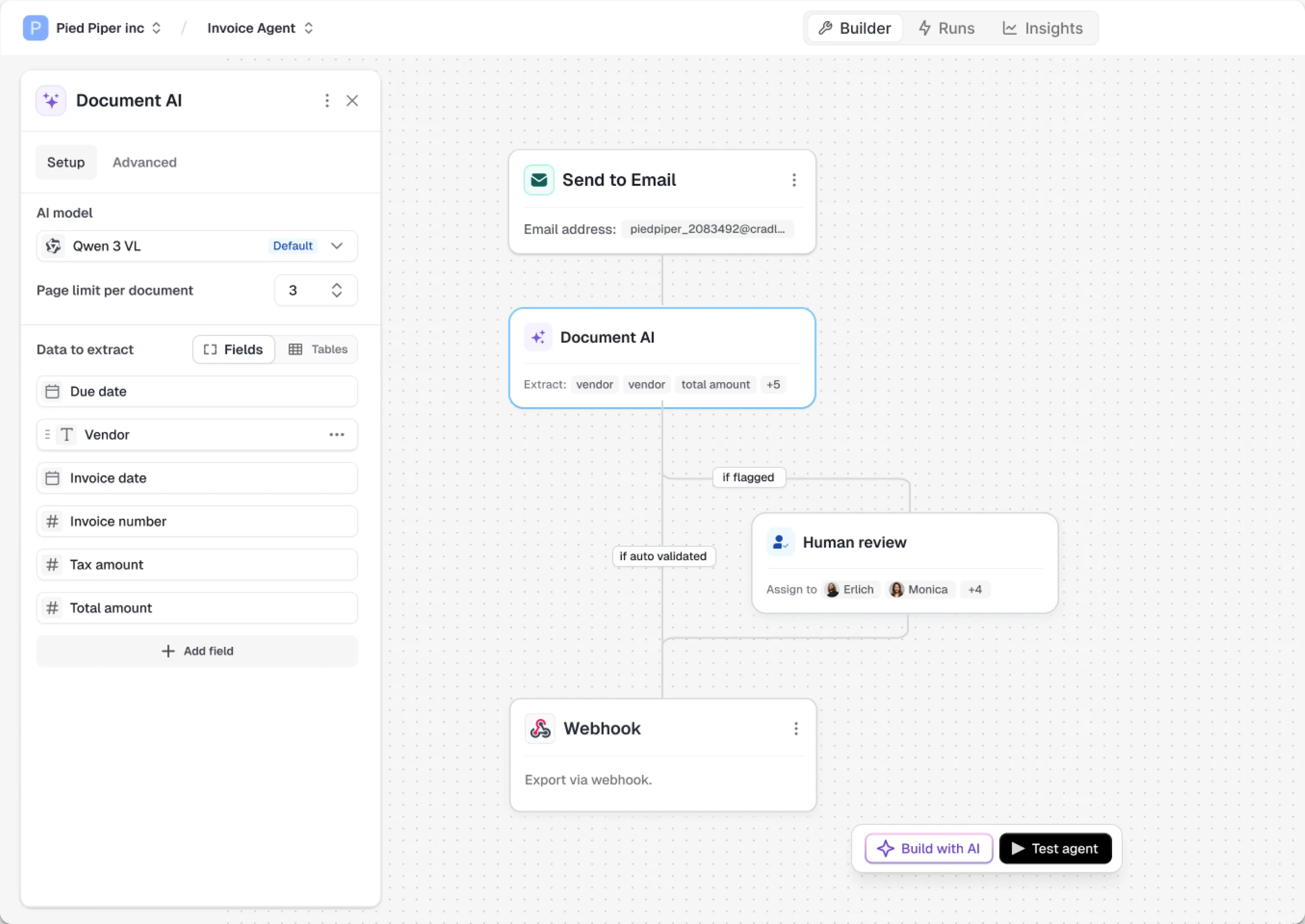 Cradl AI agent builder extracting invoice fields and routing uncertain results to human review