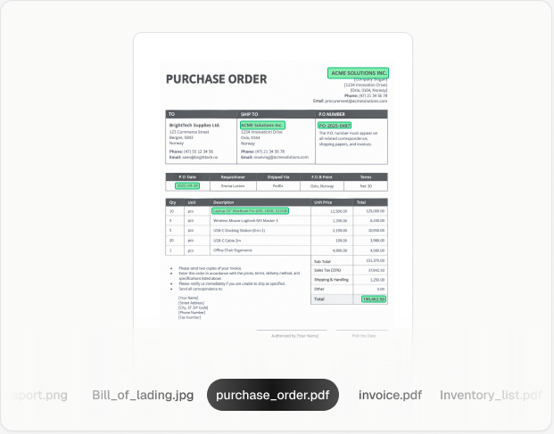 Purchase order document preview with highlighted extracted fields