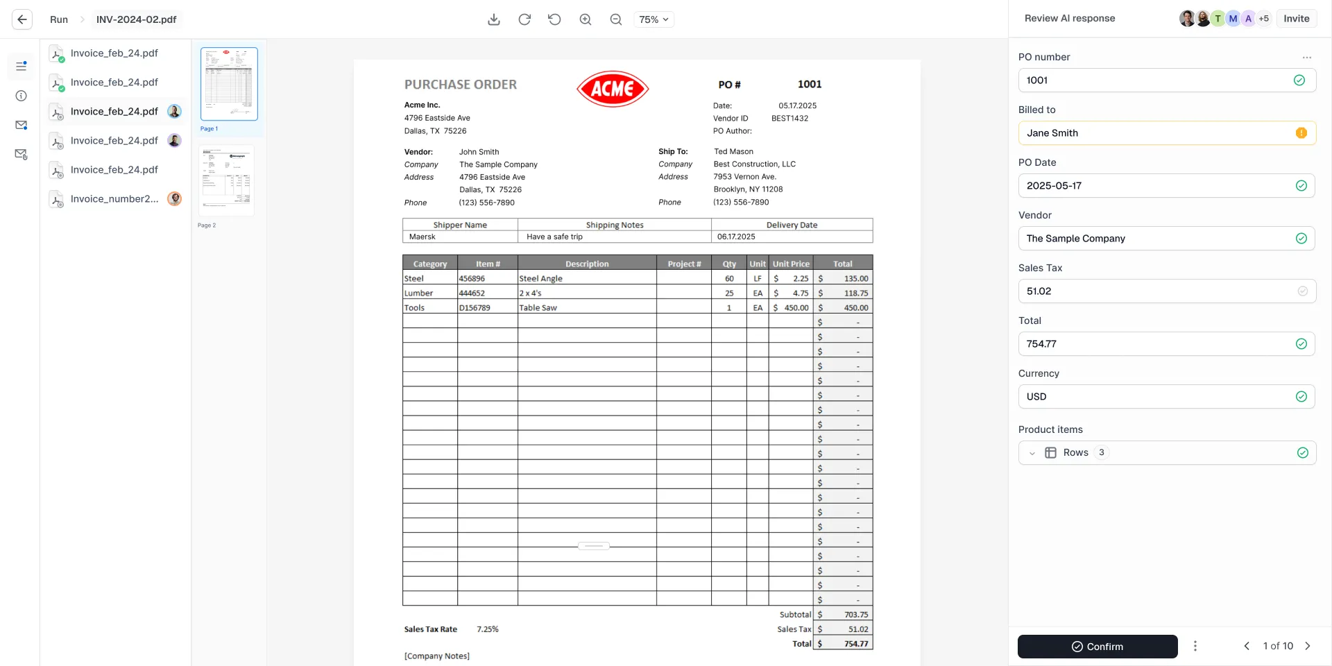 Cradl AI review interface showing extracted document fields